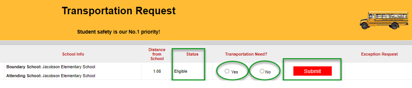 Your student, eligibility status, and yes or no button